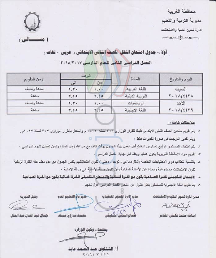 جدول امتحانات الصف الثاني الابتدائي 2018 الترم الثاني محافظة الغربية