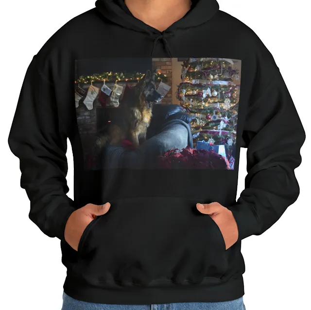 A Hoodie With Beautiful Black and Red German Shepherd on Sofa In A Room Decorated For Christmas