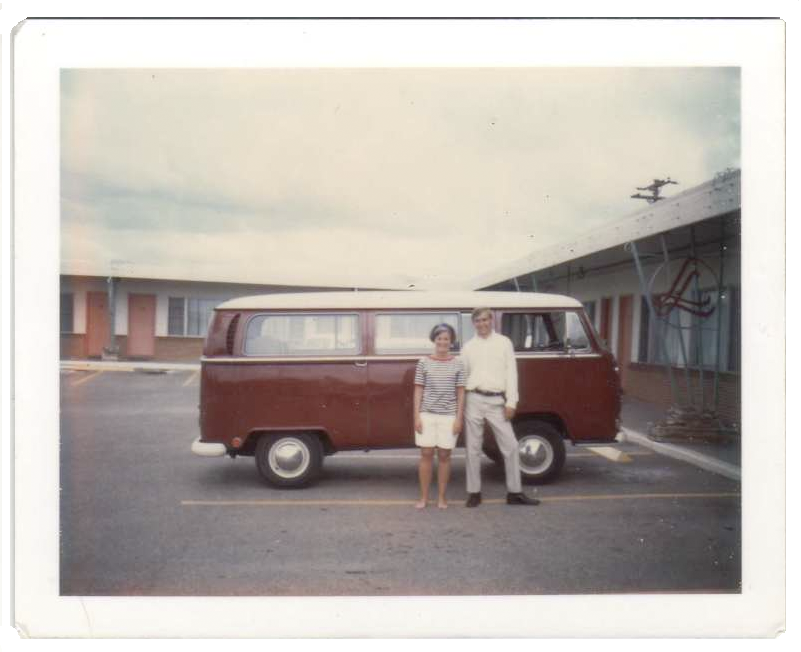 Above Couple with red VW bus c 1960's On the road again baby