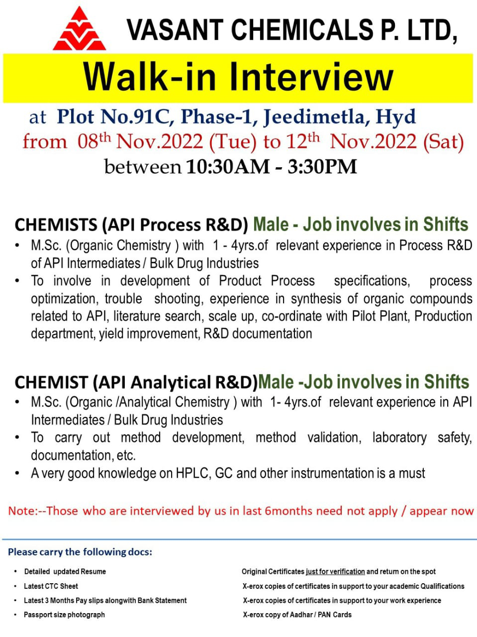 Job Availables, Vasant Chemicals Pvt Ltd Walk-In Interview for MSc Organic Chemistry/ Analytical Chemistry