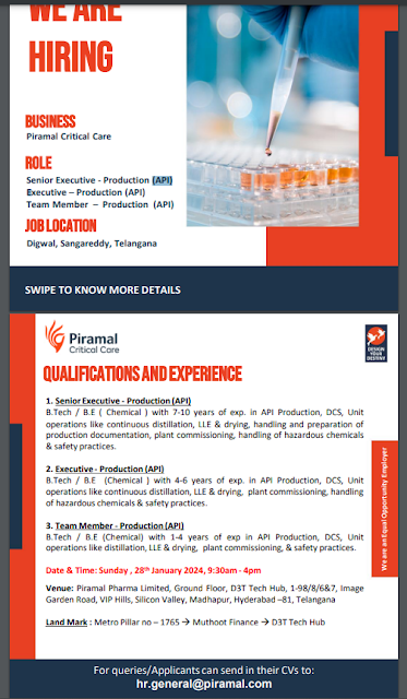 Piramal Critical Care Walk In Interview For BTech / BE Chemical - Production API