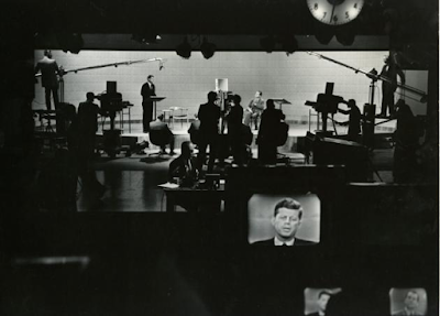 image of John F. Kennedy in on-set monitor at the first-ever televised presidential debate, 1960.