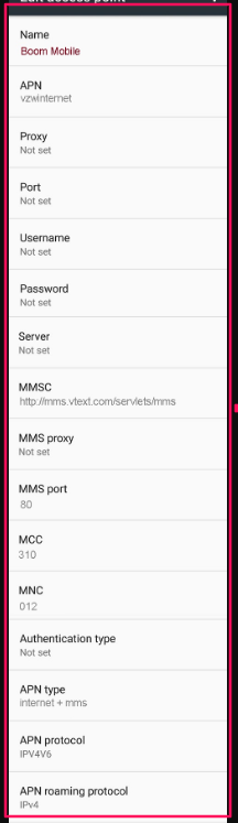 Boom Mobile Internet APN Settings