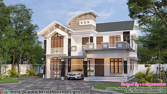 Exterior view of a stunning 4-bedroom mixed roof home plan with a captivating blend of beige and white colors, showcasing a unique c-curve roof design