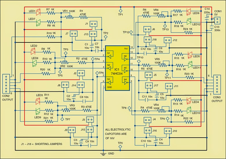 Tester for 74xx04 and 74xx14 ICs Circuit Diagram