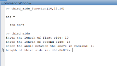 Length of third side of a triangle calculation using Matlab when two sides and angle is given