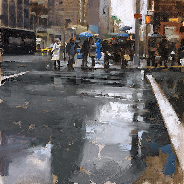 Gregory Manchess, a wet rainy street corner with people and umbrellas