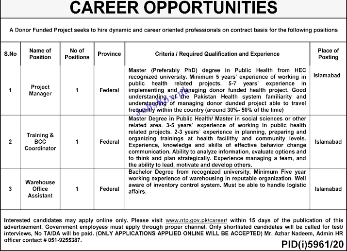 Latest Jobs in National TB Control Program Islamabad 2021