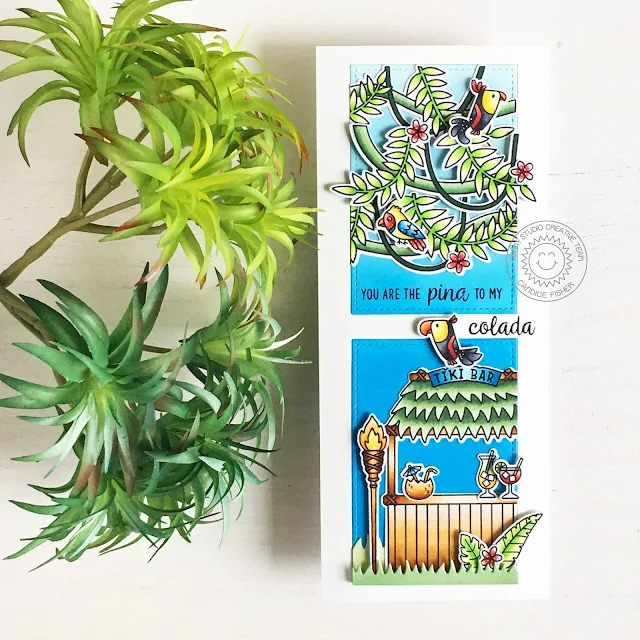 Sunny Studio Stamps: Stitched Rectangle Dies Tropical Scenes Tiki Time Outback Critters Card by Candice Fisher