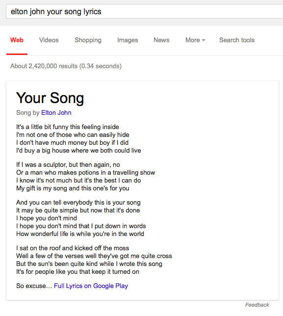 Lyrics Card in Googl