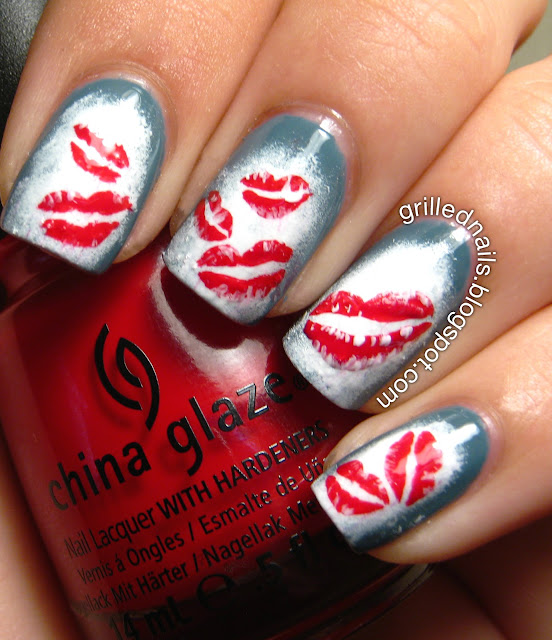 smooches grilled nails grillednails art nail hector alfaro china glaze red lips sponging nailartfeb californails challenge february 2013