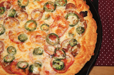 Baked tomato, bacon, and jalapeno skillet pie.