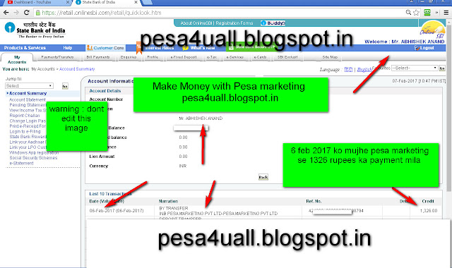 6 february 2017 ko mujhe pesa marketing se 1326 rupees ka weekly payment mila hai-see screenshot