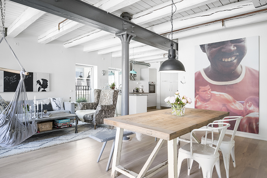 nordic loft with industrial elements and bohemian style