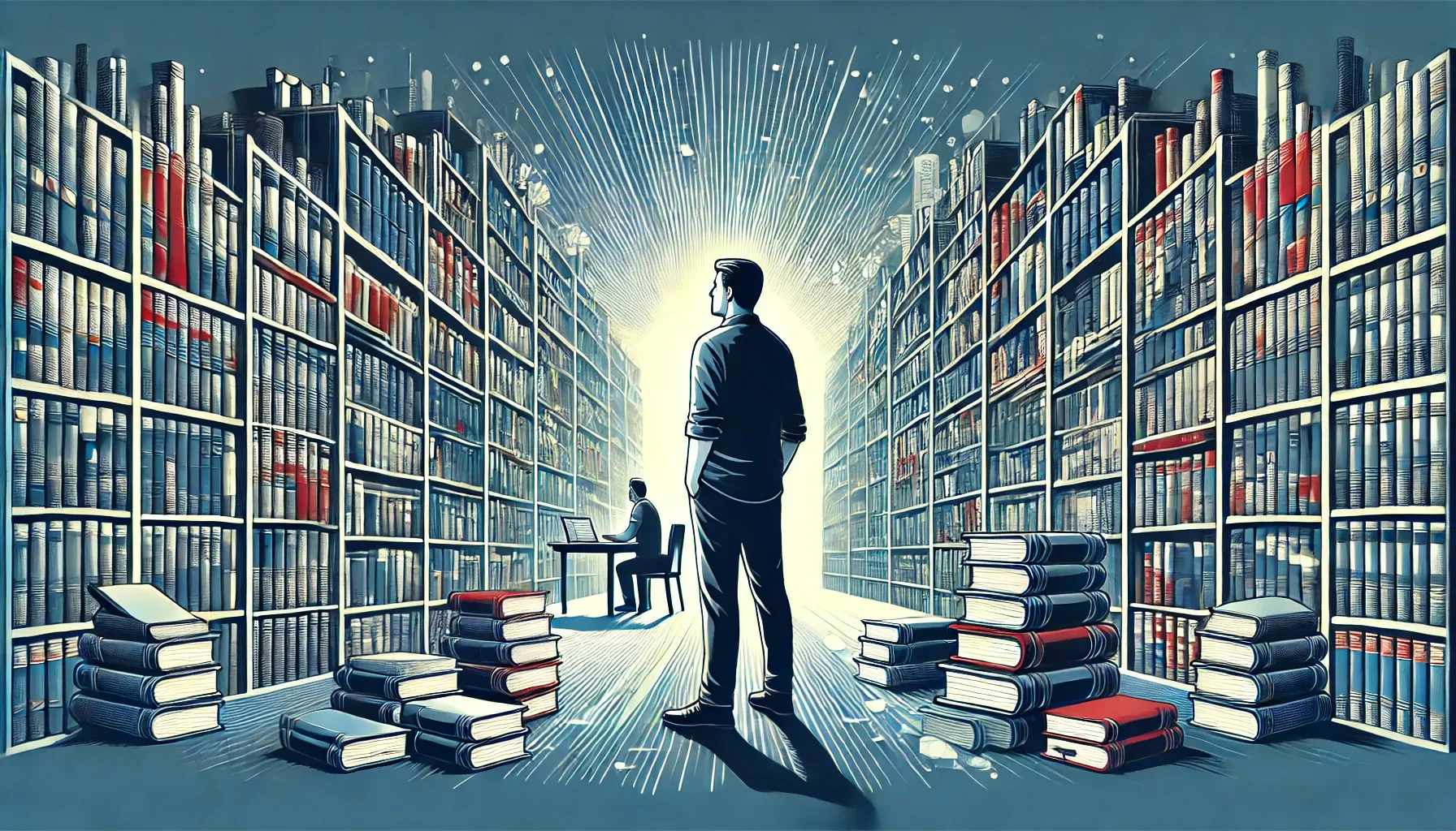 A man facing library of books