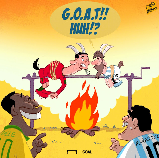 Messi, Pele, Diego Maradona, Cristiano Ronaldo GOAT BBQ illustration 