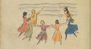 dibujo de barias niñas con traje de barios colores jugando a la ronda