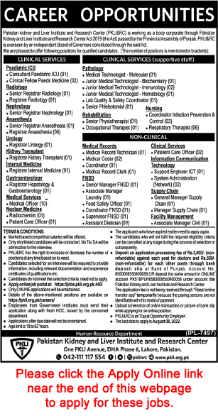 PKLI Lahore Jobs July 2022 PKLI and RC Apply Online Pakistan Kidney and Liver Institute and Research Center/Techjobstrace Jobs