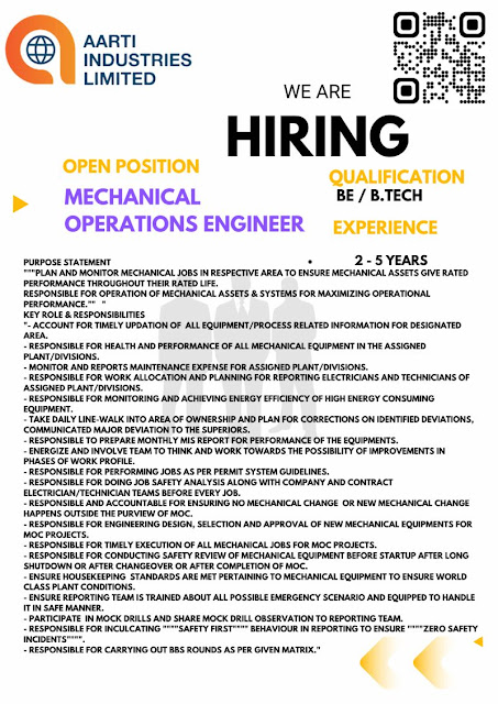 Aarti Industries Hiring For Mechanical Operations Engineer.
