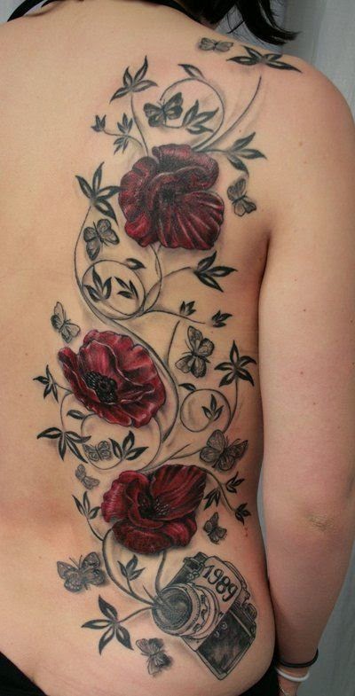 Women Back With Flowers Tattoo, Butterfly Flowers Rose Tattoo On Women Back, Women With Flowers Leaves On Back Tattoo, Incredible Flowers Blossom Women Back Tattoo, Women, Parts, Flower, Artist,