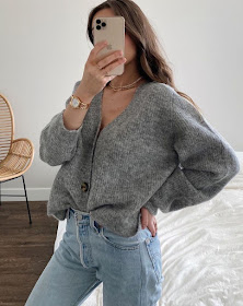 Casual Spring Outfit Idea — Weronika Zalazinska Instagram look with a gray cardigan sweater and Levi's jeans