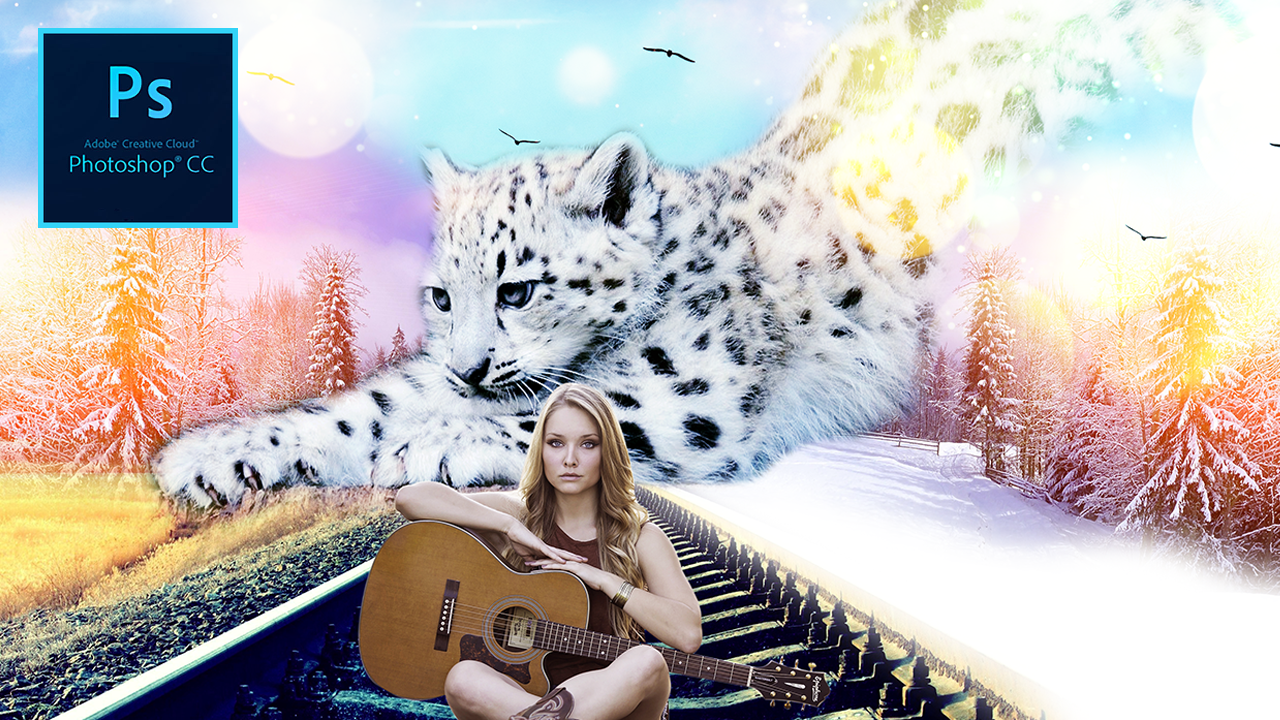 Photoshop Tutorial : Huge Fantasy Snow Leopard with Beautiful Guitar Woman Manipulation 