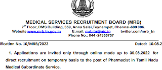 MRB notified for the Post of Pharmacist - 889 posts