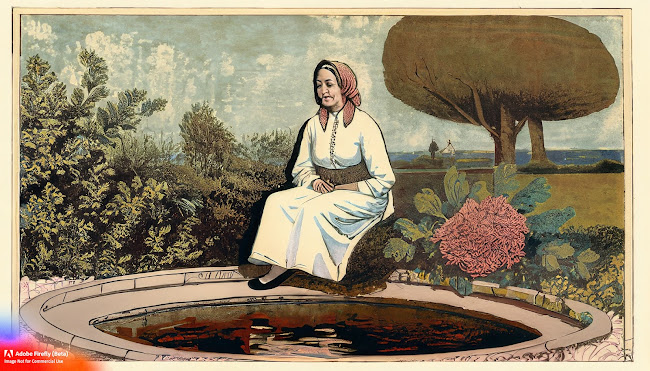 An old woman sitting on the edge of a water well from the Arabian Nights universe as imagined by Adobe Firefly