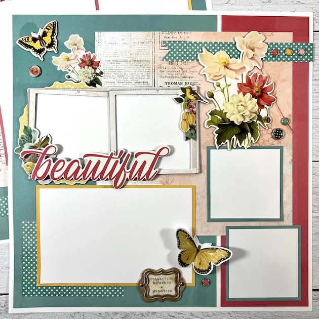 12x12 Beautiful Scrapbook Page Layout with butterflies, flowers, brads, and frames for photos