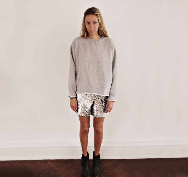 grey top, sequin skirt