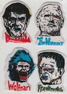 Glow in the dark horror puffy stickers from the 1980s includes Dracula, the Mummy, Wolfman and Frankenstein