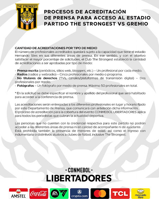 The Strongest Procesos de Acreditación de Prensa para acceso al Estadio The Strongest vs Gremio