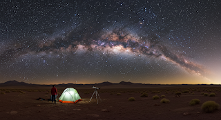 A traveler standing next to a glowing tent and telescope under the Milky Way in Chile’s Atacama Desert