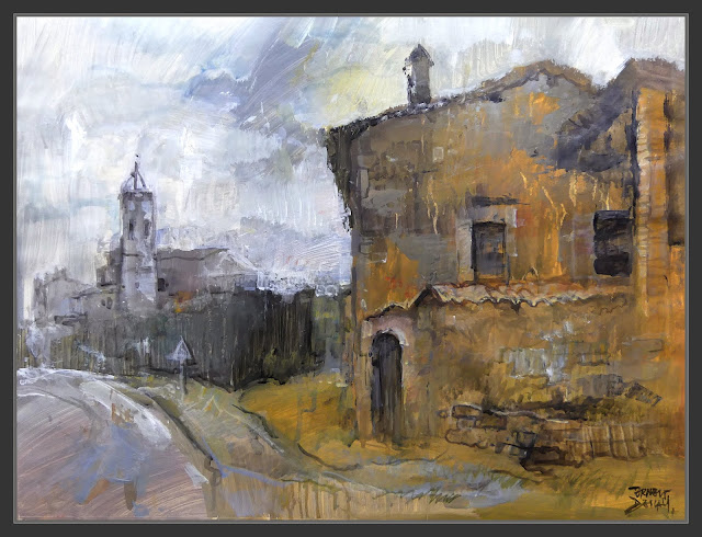 CABRIANES-PINTURA-CARRETERA-MASIES-ESGLESIA-PAISATGES-HIVERN-POBLES-BAGES-PINTOR-ERNEST DESCALS