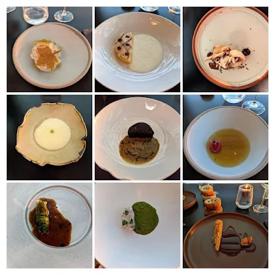 Collage of dishes from the tasting menu at Hytra Michelin Star restaurant in Athens