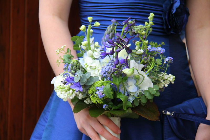 Royal Blue Bridesmaid's Gowns and vivid blue spring Bridesmaid's bouquets of