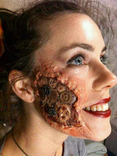 scary special fx makeup for steampunk with scars and gears, blood and gore