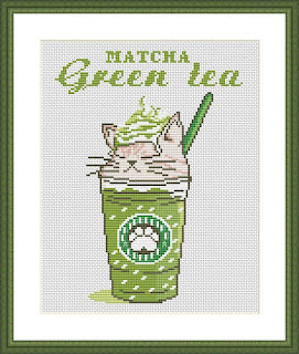 Matcha green tea cat cross stitch - Tango Stitch