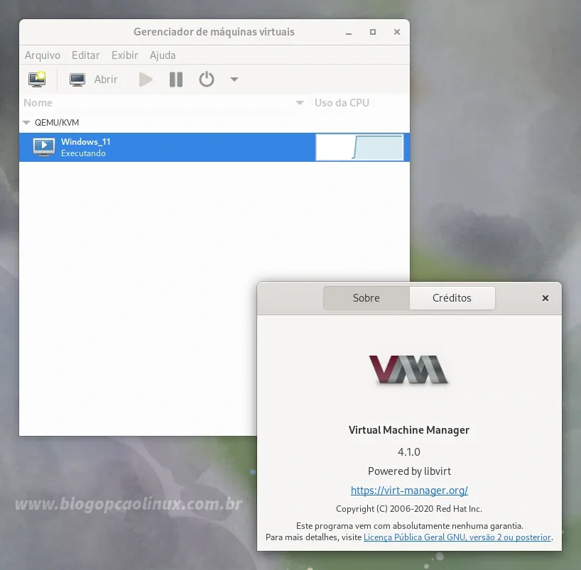 Virtual Machine Manager executando no Fedora 38 Workstation