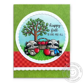 Sunny Studio: Woodsy Autumn Raccoons with Apples & Tree Handmade Card (using Critter Campout stamps, Fancy Frames Circle & Rectangle & Classic Gingham Paper)