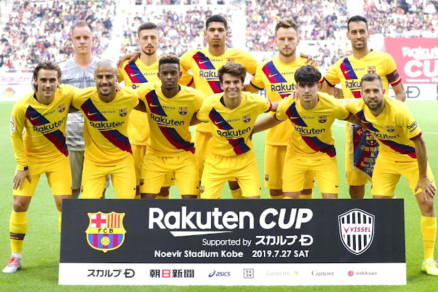 F. C. BARCELONA. Temporada 2019-20. Ter Stegen, Clément Lenglet, Ronald Araújo, Ivan Rakitić, Sergio Busquets. Antoine Griezmann, Raphinha Alcántara, Nelson Semedo, Riqui Puig, Álex Collado, Jordi Alba. VISSEL KOBE 0 🆚 F. C. BARCELONA 2 Sábado 27/07/2019, 11:00 horas. Partido amistoso perteneciente a la Rakuten Cup. Kōbe, Japón, Noevir Stadium: 27.720 espectadores. GOLES: ⚽0-1: 58’, Carles Pérez. ⚽0-2: 85’, Carles Pérez.