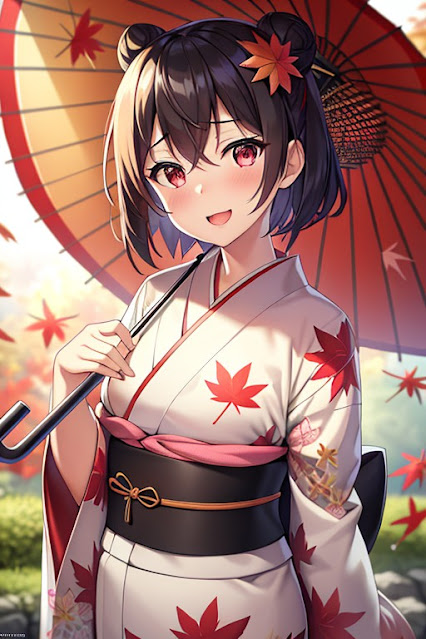 Umbrella, kimono, short hair
