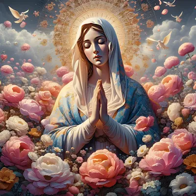Imagenes de la Virgen María en un campo de flores de varios colores