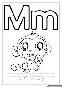 Letter m coloring, monkey coloring, alphabet coloring page