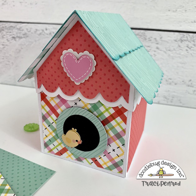 Birdhouse Explosion Box with a pink heart, plaid paper, and polka dots. Perfect for Valentine's Day