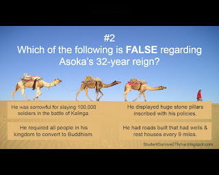 Which of the following is FALSE regarding Asoka’s 32-year reign?  Answer choices include: He was sorrowful for slaying 100,000 soldiers in the battle of Kalinga. He displayed huge stone pillars inscribed with his policies. He required all people in his kingdom to convert to Buddhism. He had roads built that had wells & rest houses every 9 miles.