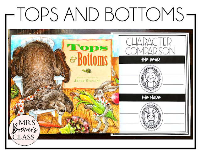 Tops and Bottoms  book activities unit with read aloud companion printables, reading comprehension worksheets, literacy lesson ideas, and a craft for Kindergarten, First Grade, and Second Grade