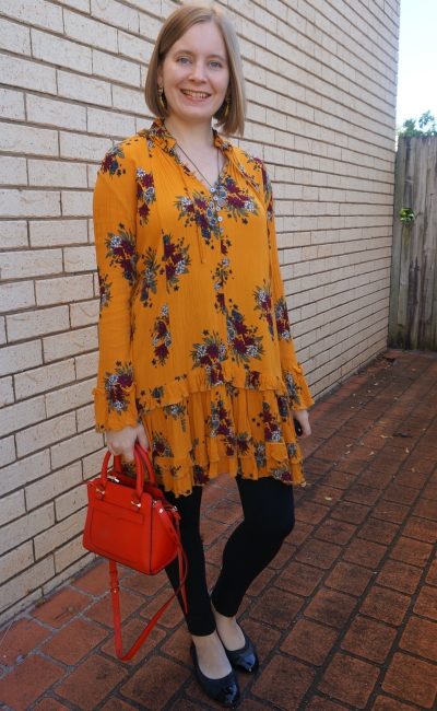 Zaful floral print ruffle hem dress in ginger with leggings in autumn swing dress style | awayfromblue