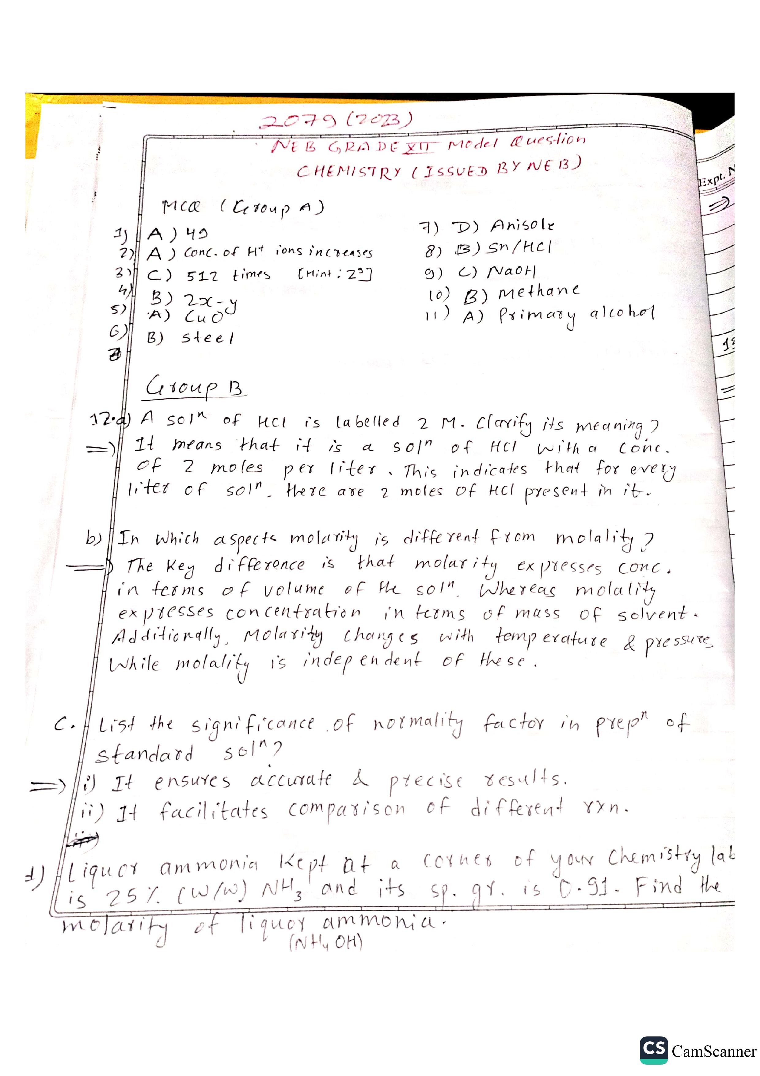 Class 12 NEB Chemistry Model Question Solution 2079 2080