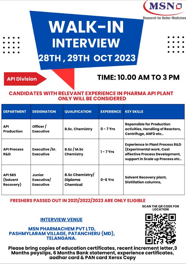 MSN Laboratories | Walk-in interview for Prod, RnD & SRS on 28th & 29th Oct 2023
